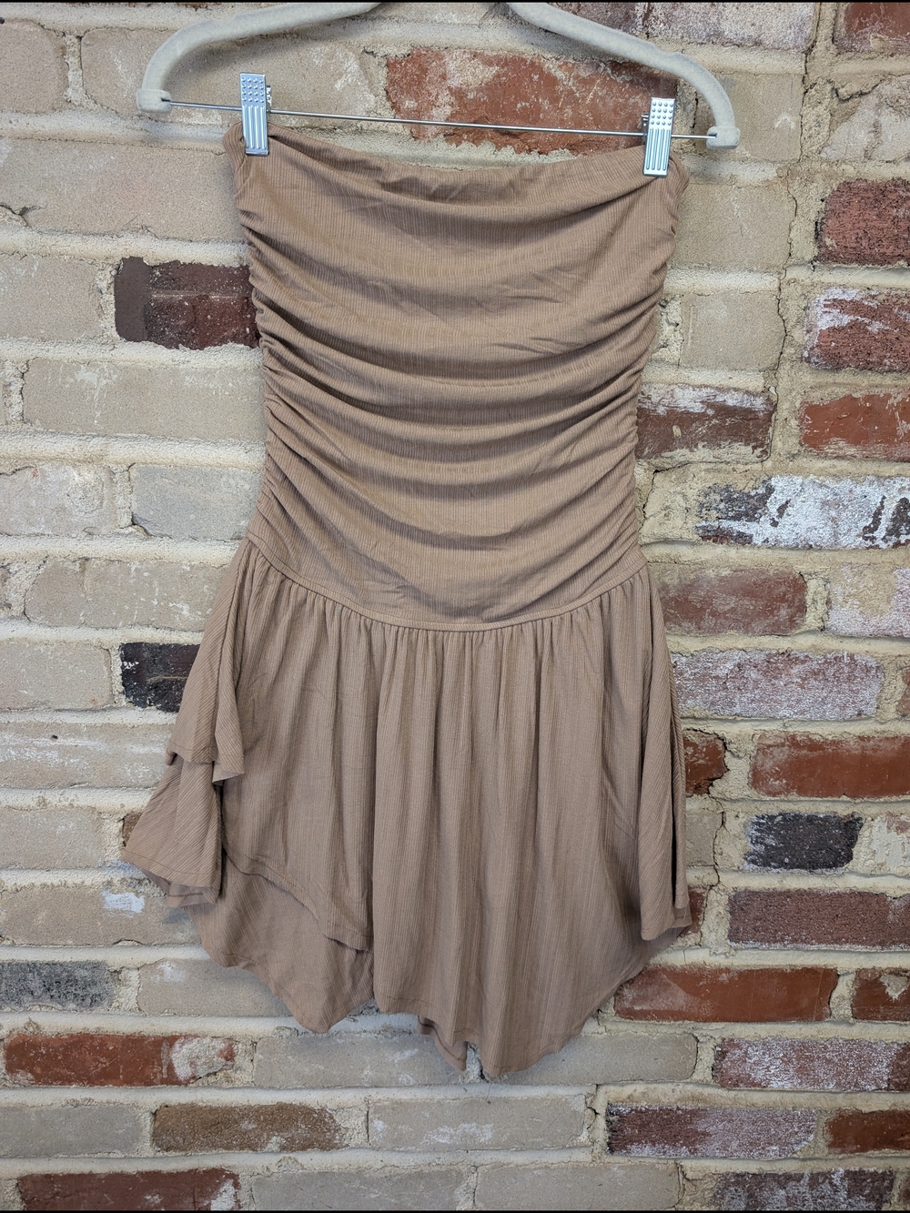 Le Lis Strapless Ruched Romper in Tan